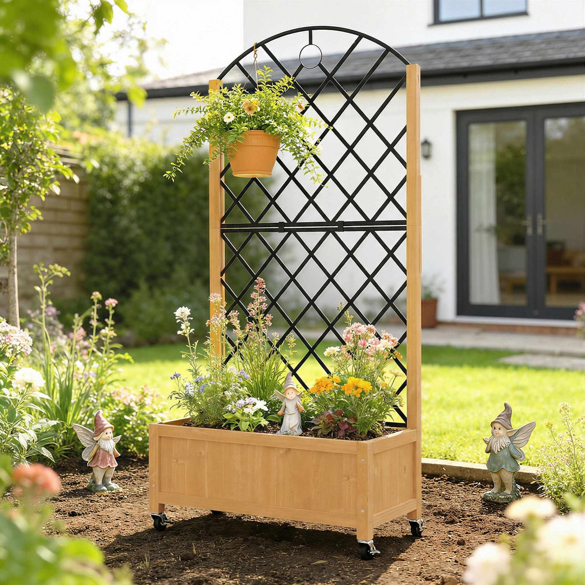 Outdoor Wooden Planter Box with Wheels and Trellis
