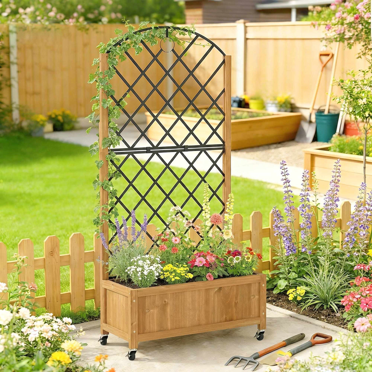 Outdoor Wooden Planter Box with Wheels and Trellis