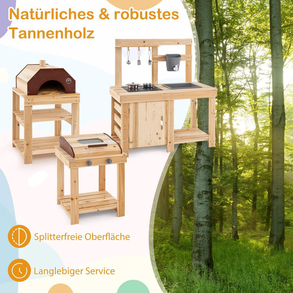 Outdoor Wooden Play Kitchen Set – Mud Kitchen, Grill, Pizza Oven