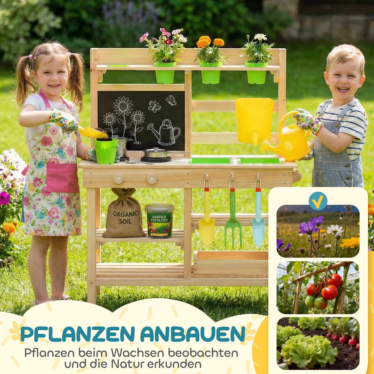 Outdoor Wooden Play Kitchen for Kids with Sink and Pots