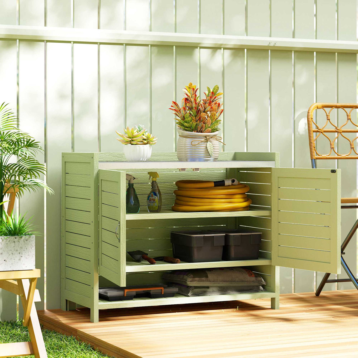 Outdoor Wooden Potting Bench with Storage, Green, 88x40x70.5 cm