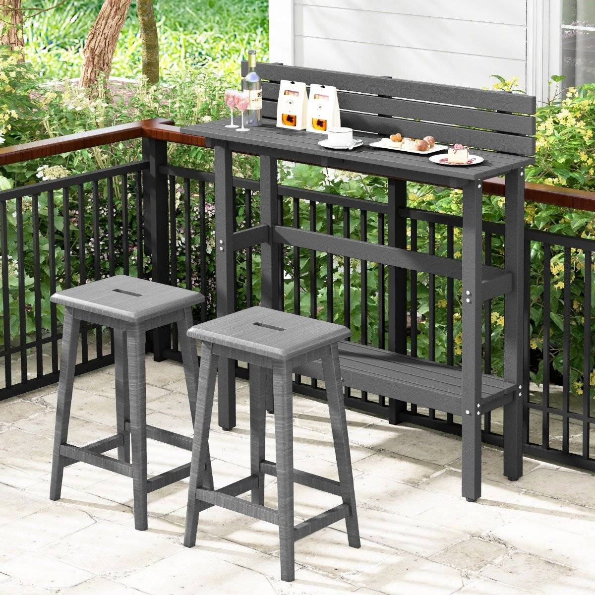 Outdoor bar table with shelf & adjustable foot pads patio high table 122 x 39 x 136 cm gray