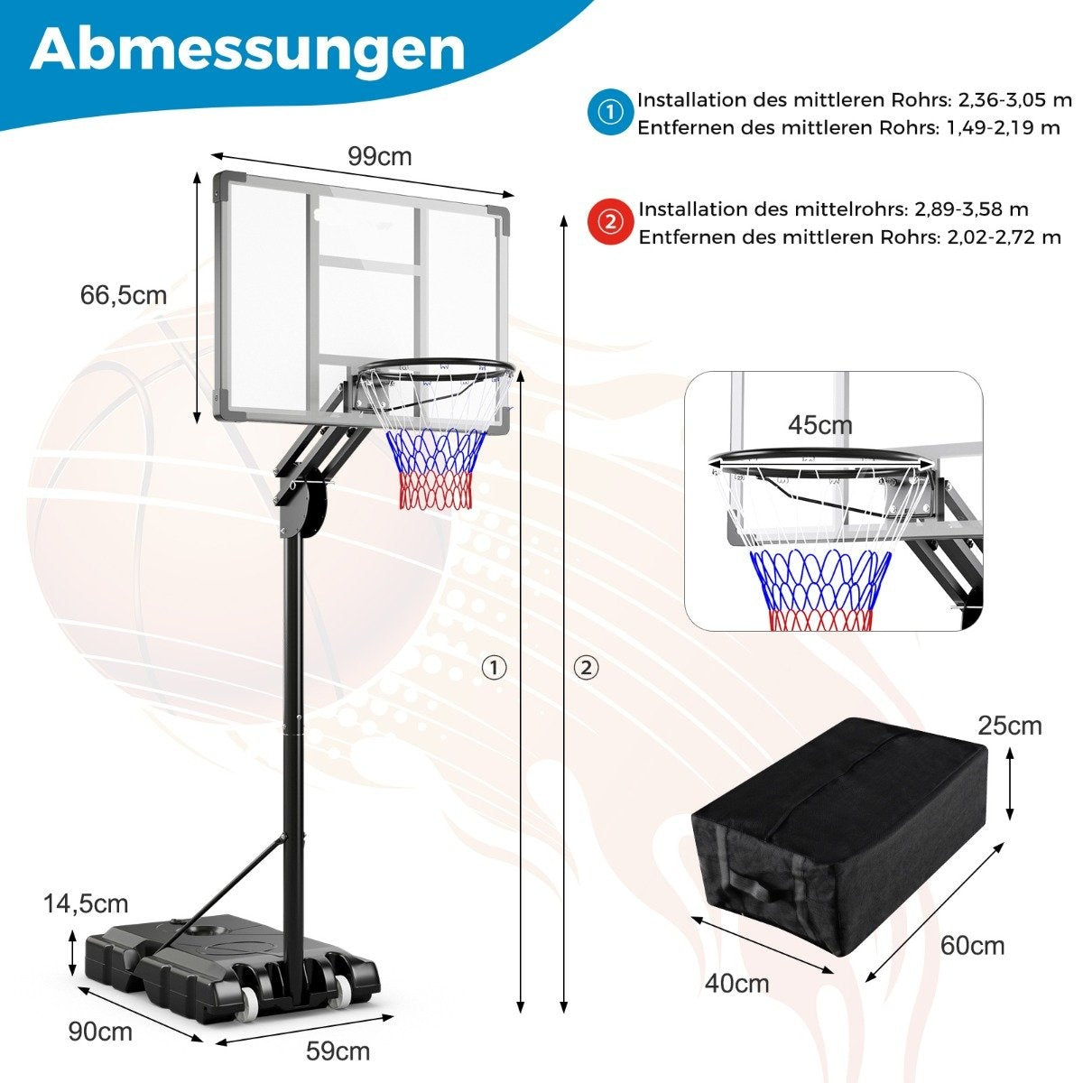 Outdoor basketball hoop 135/143-305 cm height-adjustable basketball stand with 2 wheels