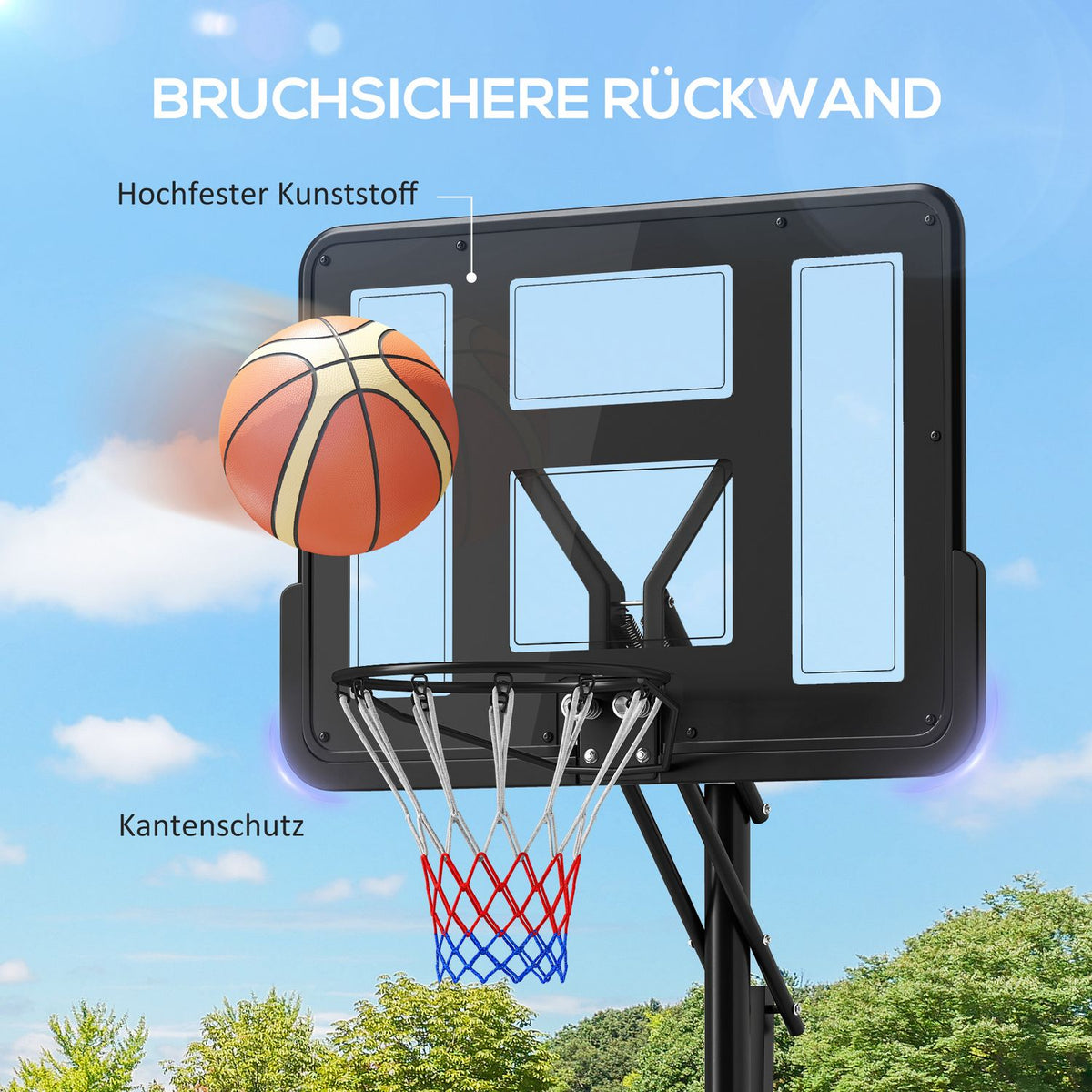Outdoor basketball hoop, adjustable basket height 230-305 cm, basketball stand with 110 x 75 cm shatterproof back wall with wheels, spring-loaded basket, weight for adults