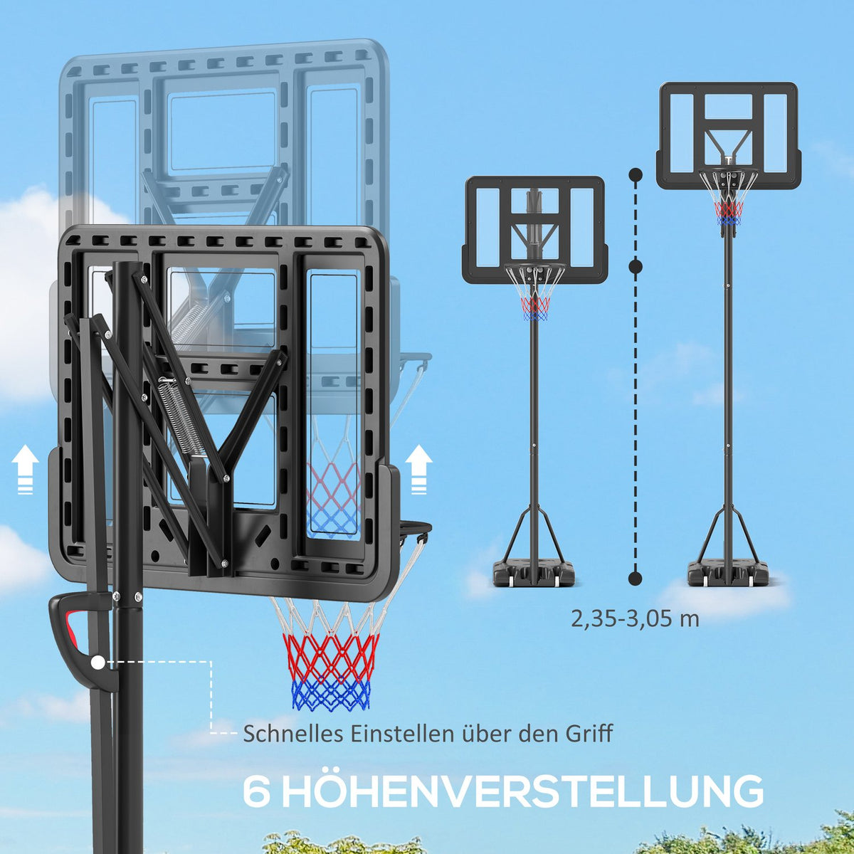 Outdoor basketball hoop, adjustable basket height 230-305 cm, basketball stand with 110 x 75 cm shatterproof back wall with wheels, spring-loaded basket, weight for adults