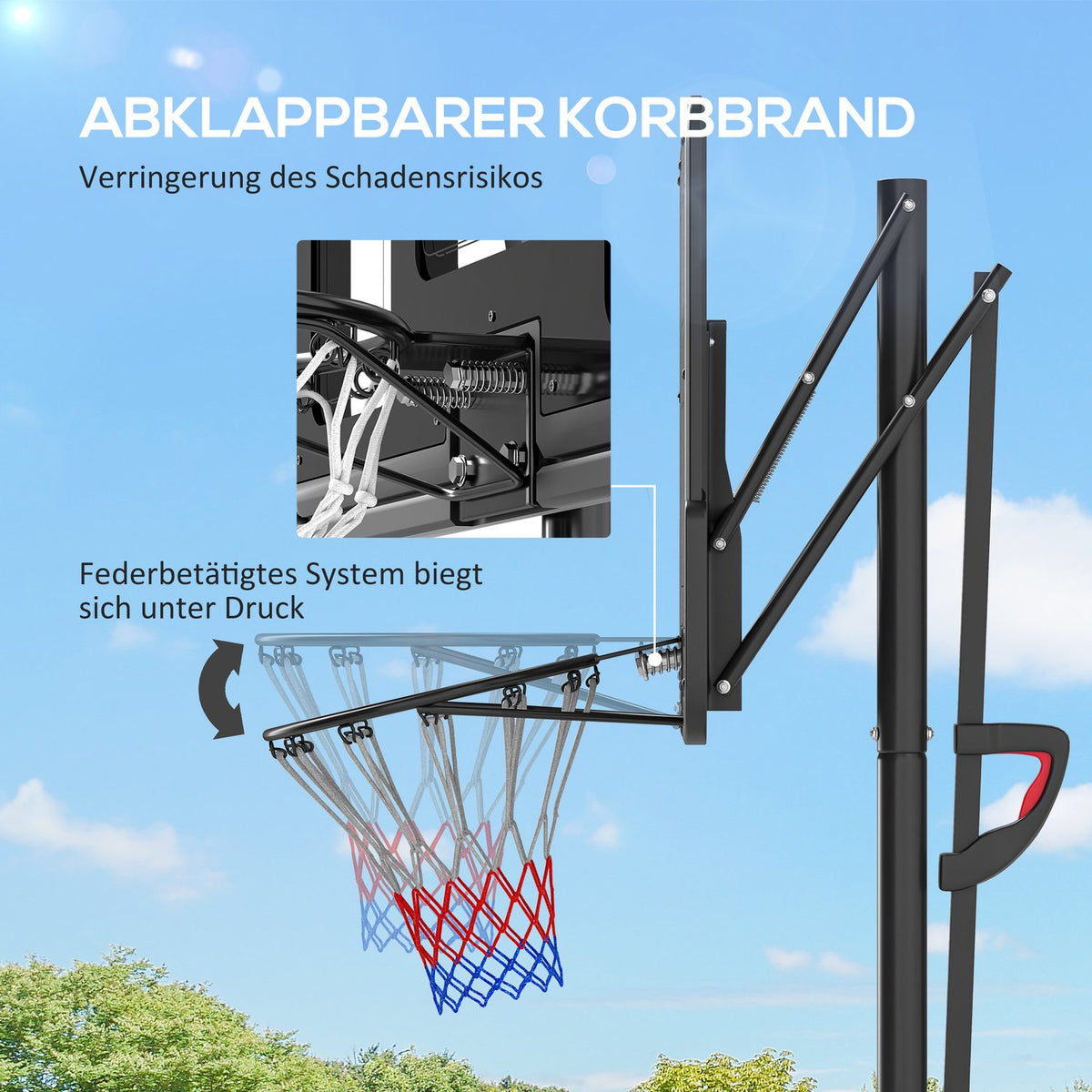 Outdoor basketball hoop, adjustable basket height 230-305 cm, basketball stand with 110 x 75 cm shatterproof back wall with wheels, spring-loaded basket, weight for adults