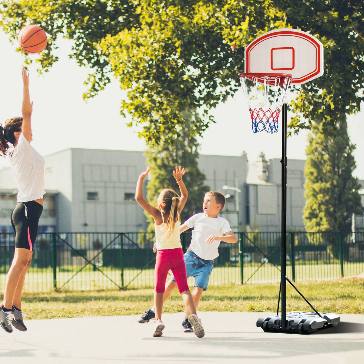 Outdoor basketball hoop adjustable portable height adjustable basket 212-250 cm base with wheels metal posts black white |