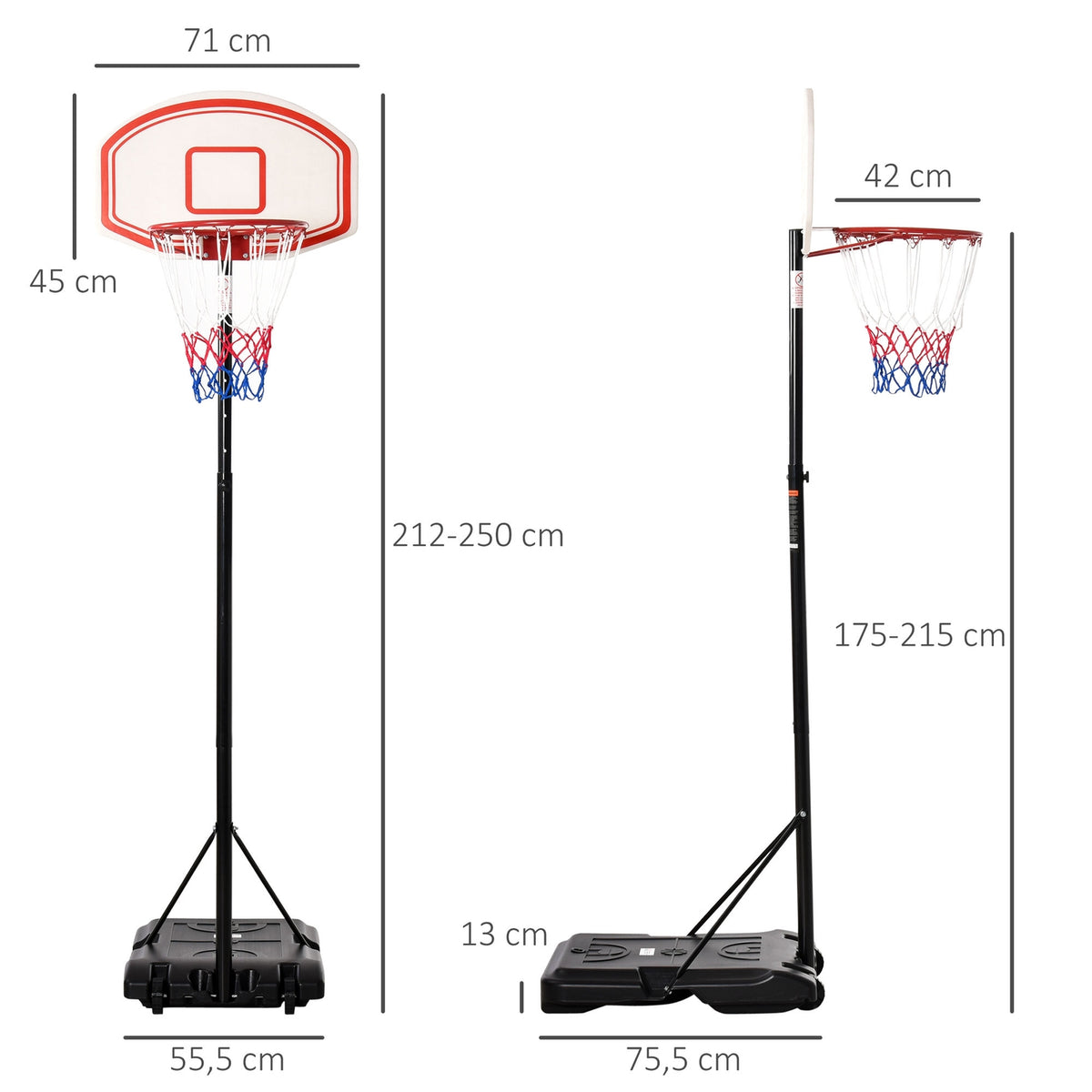 Outdoor basketball hoop adjustable portable height adjustable basket 212-250 cm base with wheels metal posts black white |