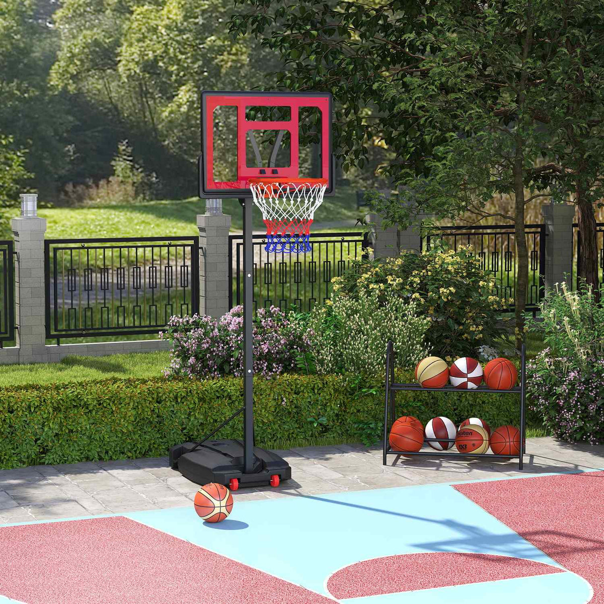 Outdoor basketball hoop for children, 200-260 cm, height-adjustable basketball stand with wheels, weight bag, basketball system with stand for children aged 6 and over, red