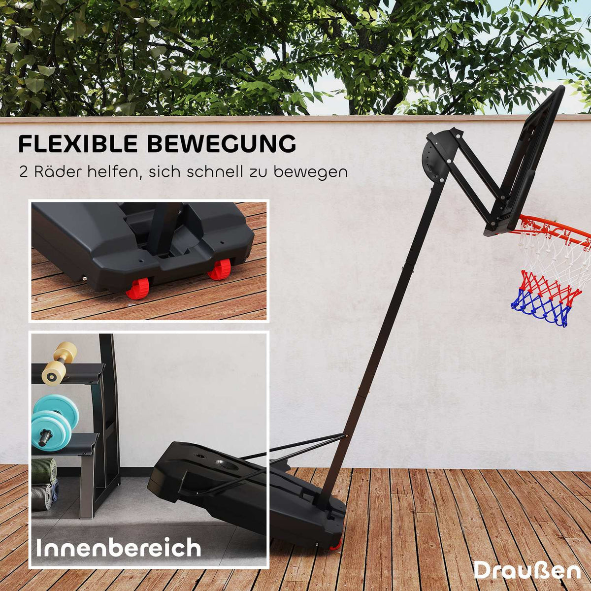 Outdoor basketball hoop for children, 200-260 cm, height-adjustable basketball stand with wheels, weight bag, basketball system with stand for children aged 6 and over, red