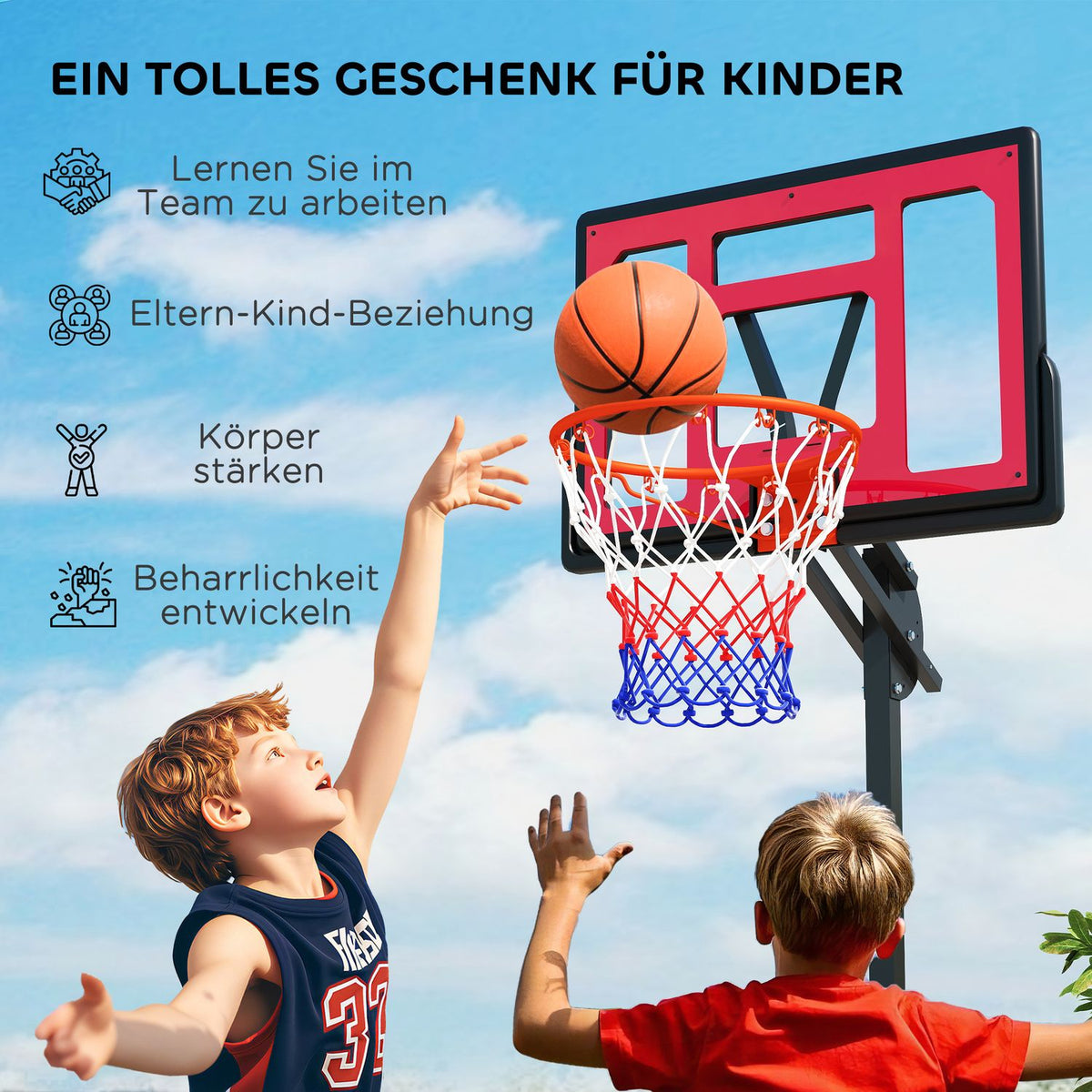 Outdoor basketball hoop for children, 200-260 cm, height-adjustable basketball stand with wheels, weight bag, basketball system with stand for children aged 6 and over, red