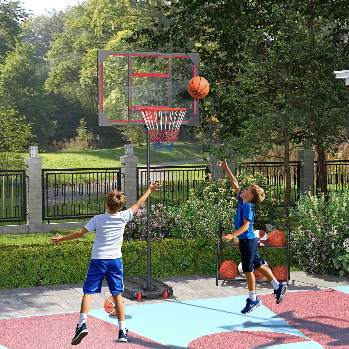 Outdoor basketball hoop for children, 210-260 cm height-adjustable basketball stand with wheels, basketball system with stand for children aged 6 and over, red