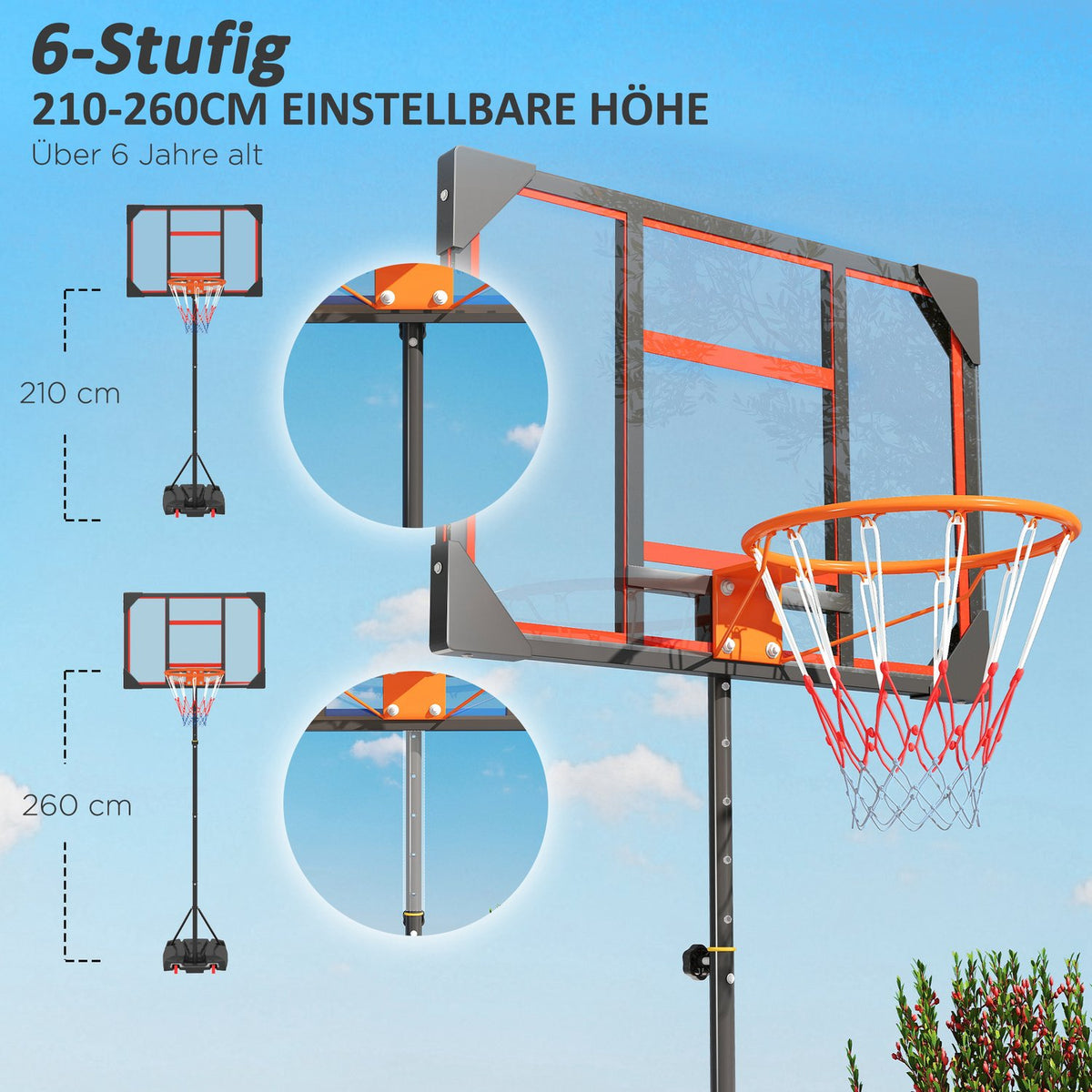 Outdoor basketball hoop for children, 210-260 cm height-adjustable basketball stand with wheels, basketball system with stand for children aged 6 and over, red