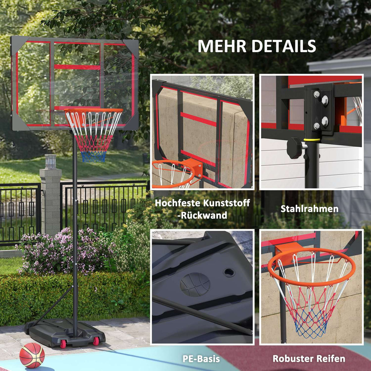 Outdoor basketball hoop for children, 210-260 cm height-adjustable basketball stand with wheels, basketball system with stand for children aged 6 and over, red