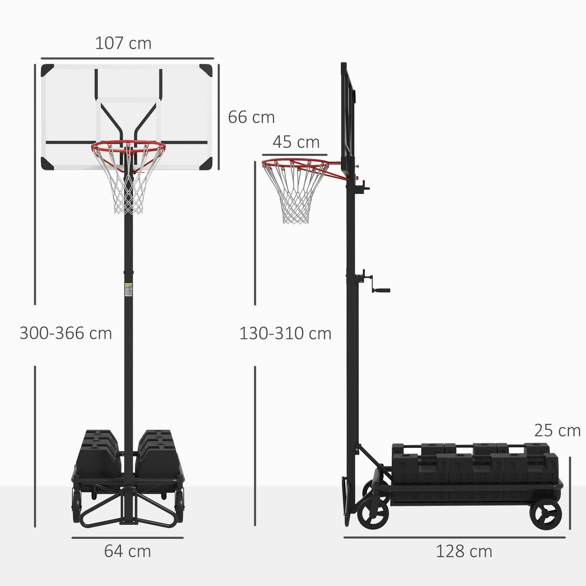 Outdoor basketball hoop with stand, 130-310 cm height adjustable, basketball stand, basketball system base with wheels