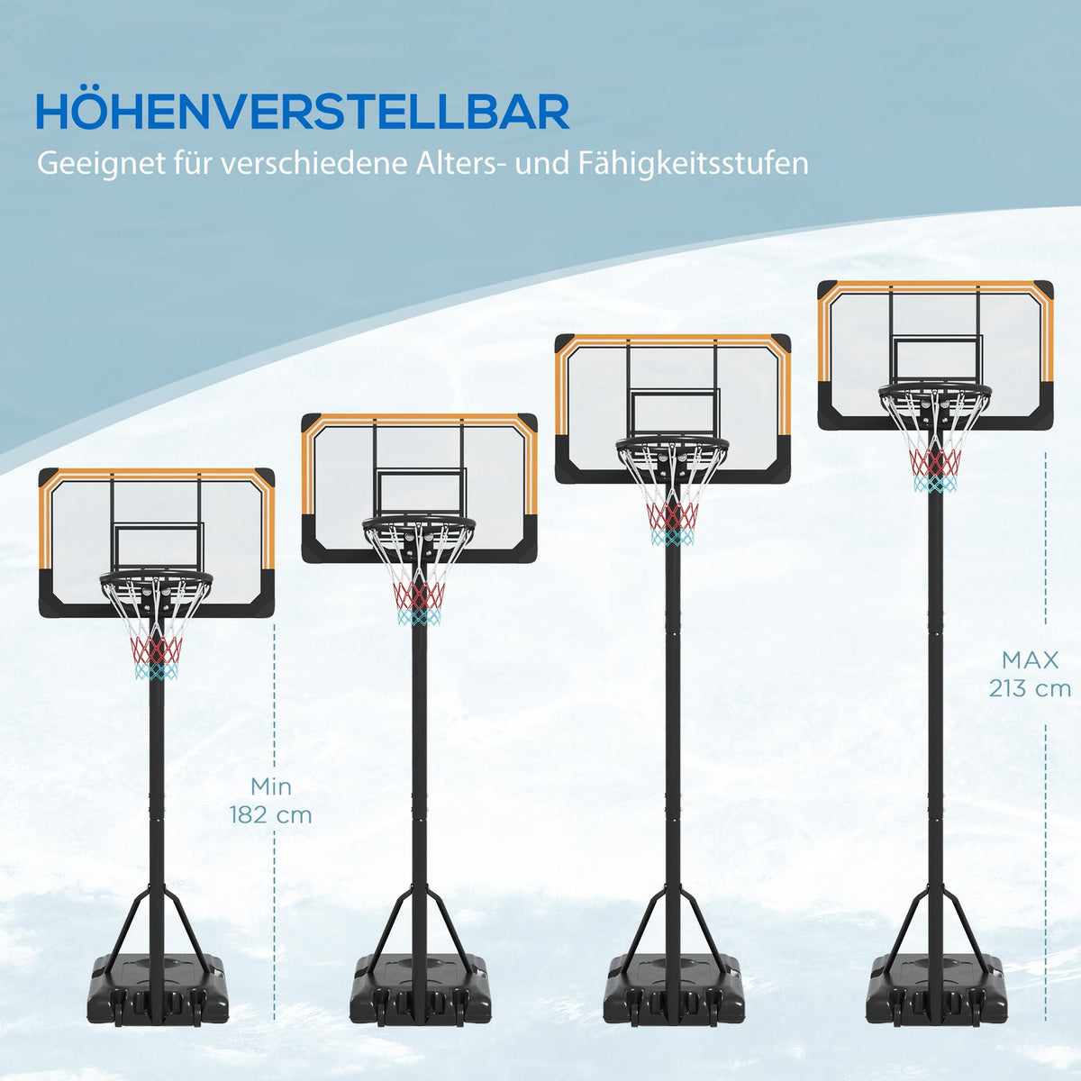 Outdoor basketball hoop with stand, 182-213 cm height adjustable basketball stand with wheels, basketball system stand, for indoor, outdoor, steel, black
