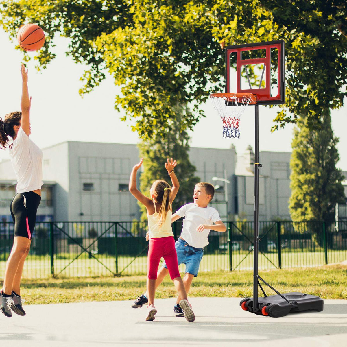 Outdoor basketball stand with wheels, 160-210 cm height adjustable Basketball hoop with stand, 83x59cm back wall, for teenagers in backyards, gardens, garages