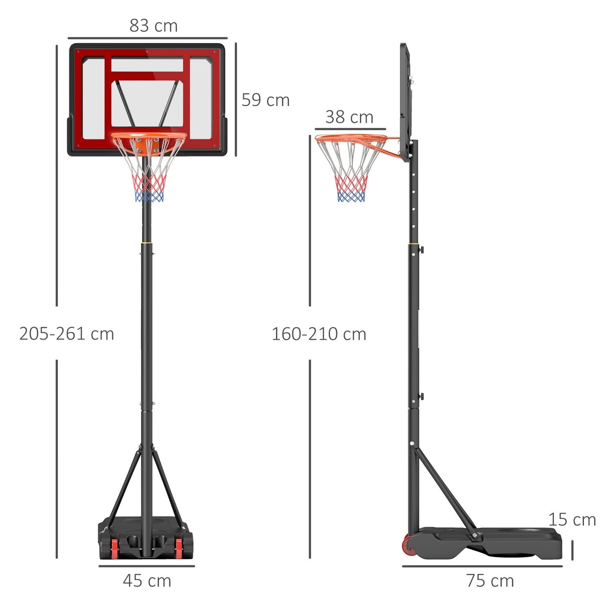 Outdoor basketball stand with wheels, 160-210 cm height adjustable Basketball hoop with stand, 83x59cm back wall, for teenagers in backyards, gardens, garages