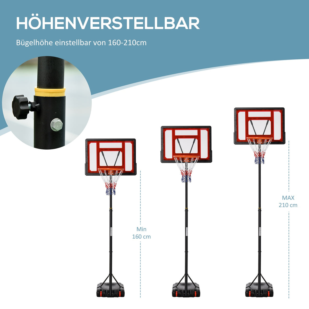 Outdoor basketball stand with wheels, 160-210 cm height adjustable Basketball hoop with stand, 83x59cm back wall, for teenagers in backyards, gardens, garages