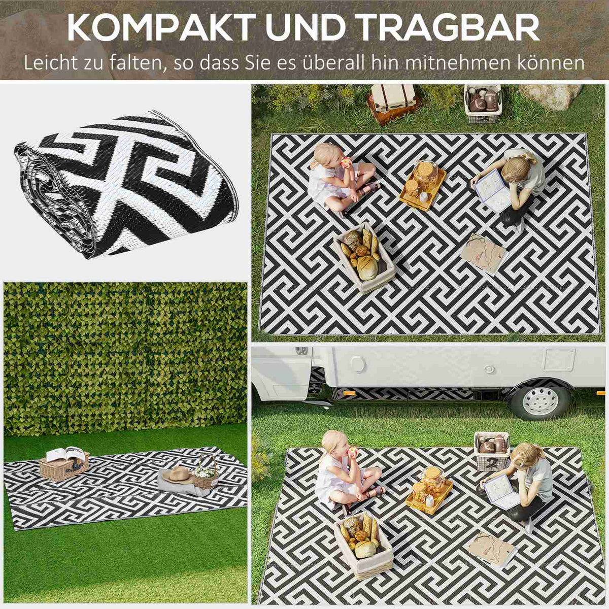 Outdoor carpet plastic carpet double-sided design water-repellent for patio balcony black white 152 x 243 cm
