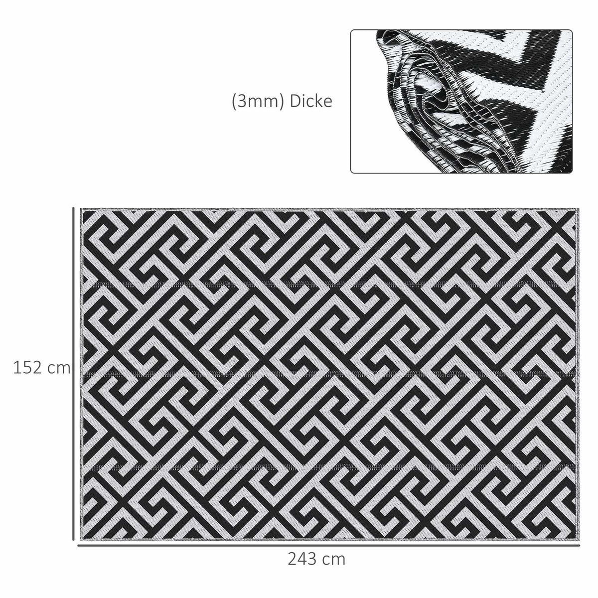 Outdoor carpet plastic carpet double-sided design water-repellent for patio balcony black white 152 x 243 cm