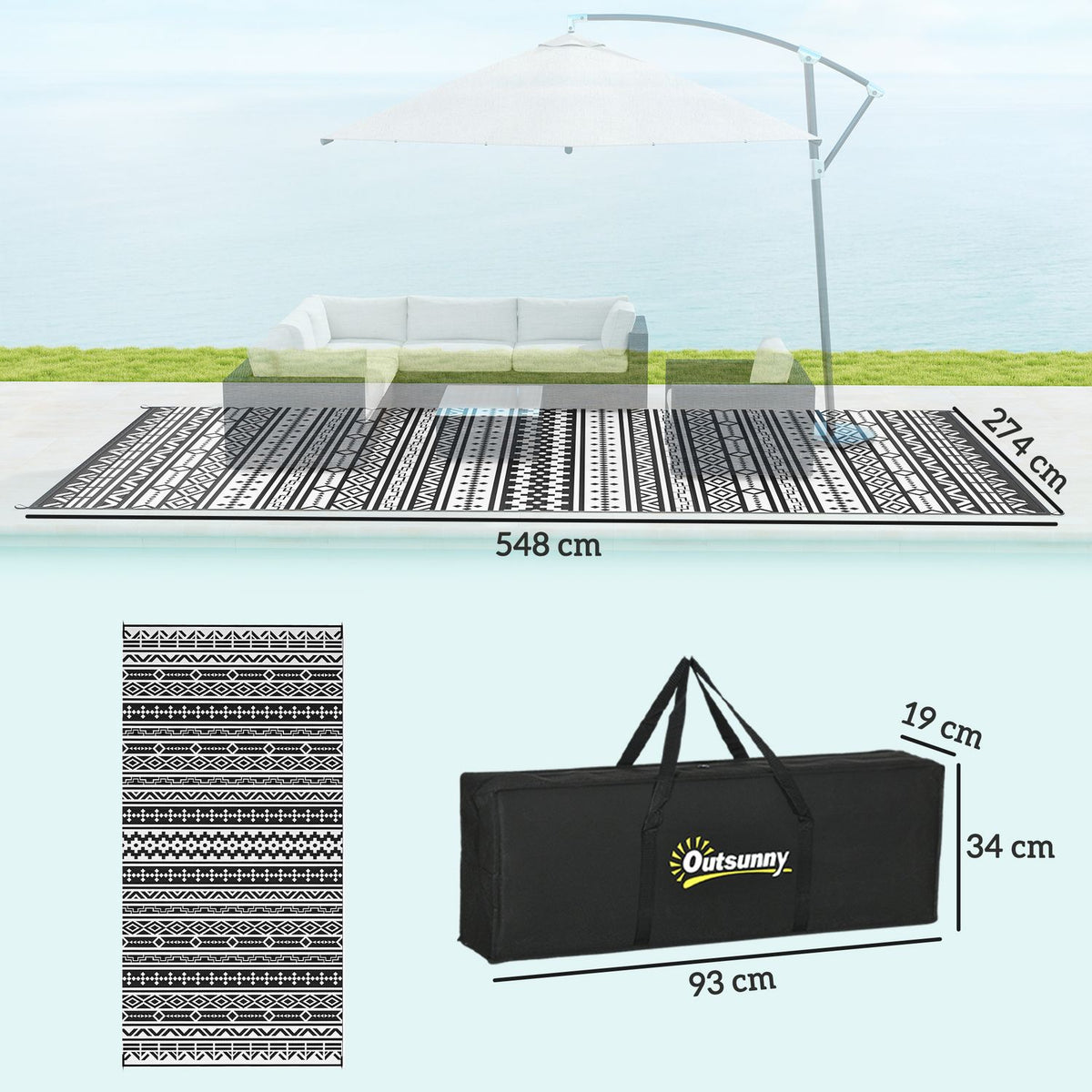 Outdoor carpet, robust weatherproof outdoor carpet, foldable carpet with boho style, outdoor carpet for living room, balcony, garden, terrace, bathroom, hallway, kitchen, 548 x 274 cm black + white