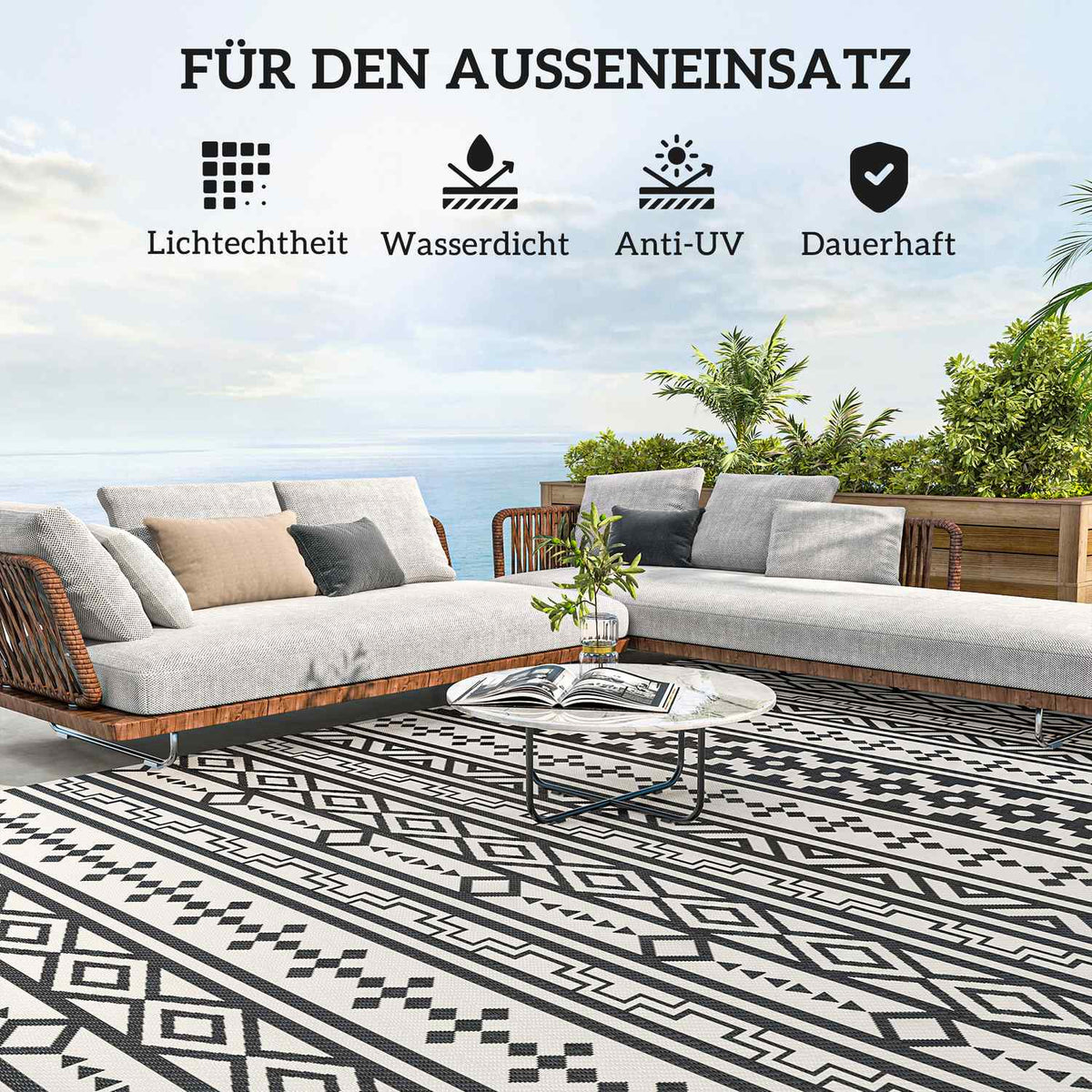 Outdoor carpet, robust weatherproof outdoor carpet, foldable carpet with boho style, outdoor carpet for living room, balcony, garden, terrace, bathroom, hallway, kitchen, 548 x 274 cm black + white