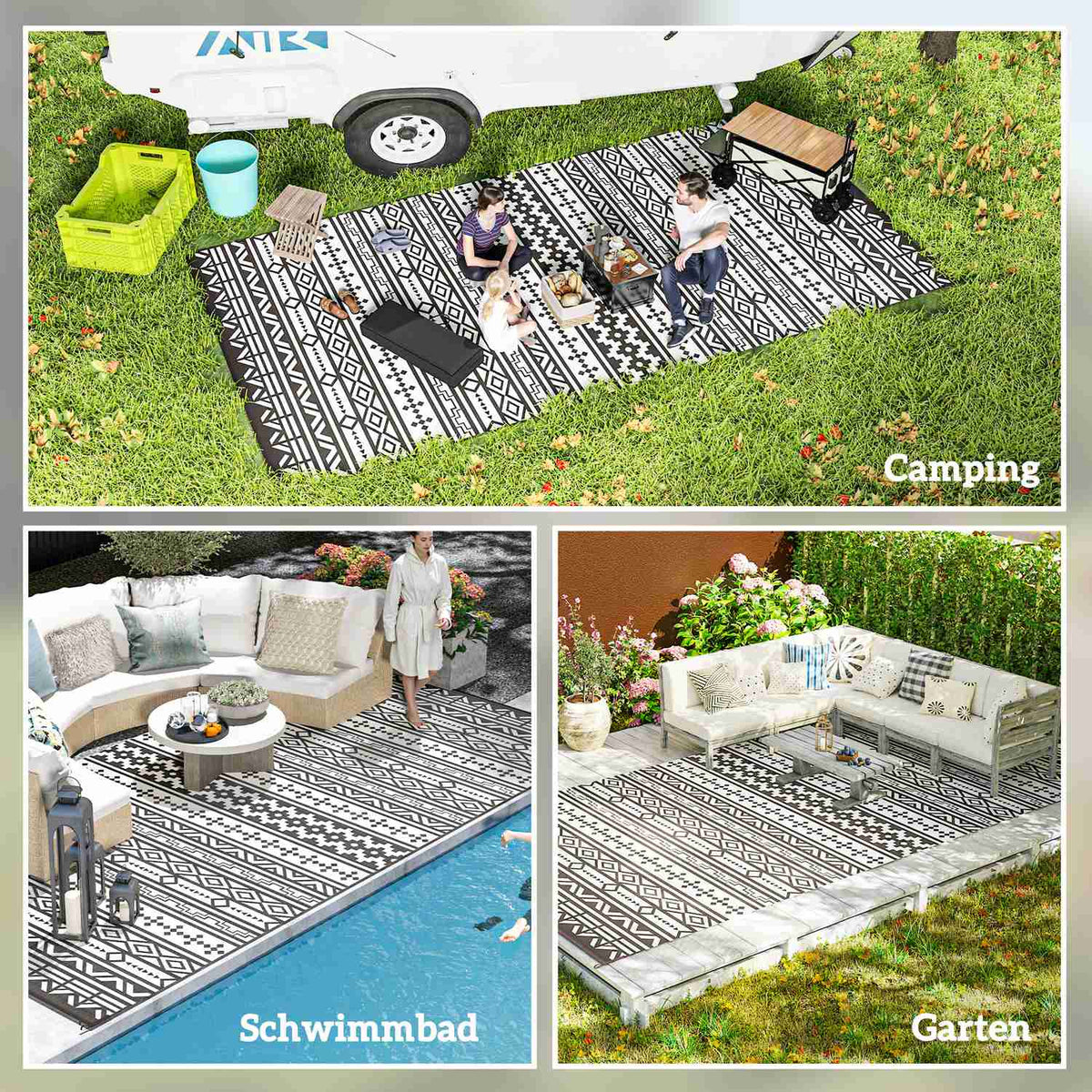Outdoor carpet, robust weatherproof outdoor carpet, foldable carpet with boho style, outdoor carpet for living room, balcony, garden, terrace, bathroom, hallway, kitchen, 548 x 274 cm black + white