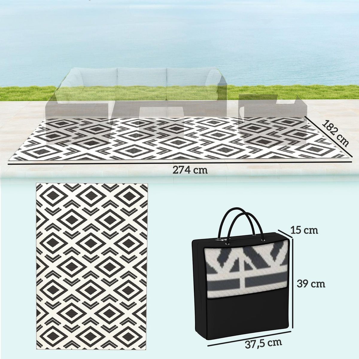 Outdoor carpet, robust weatherproof outdoor carpet with carry bag, foldable carpet, boho style, outdoor carpet for living room, balcony, garden, terrace, bathroom, hallway, kitchen, 182 x 274 cm black + white