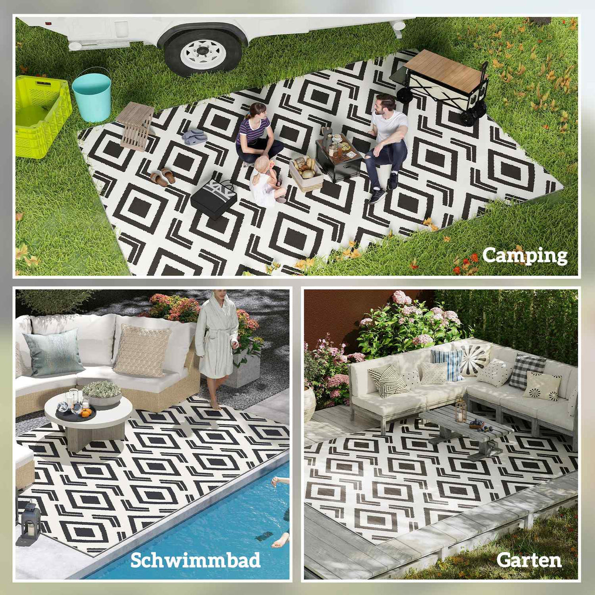 Outdoor carpet, robust weatherproof outdoor carpet with carry bag, foldable carpet, boho style, outdoor carpet for living room, balcony, garden, terrace, bathroom, hallway, kitchen, 182 x 274 cm black + white