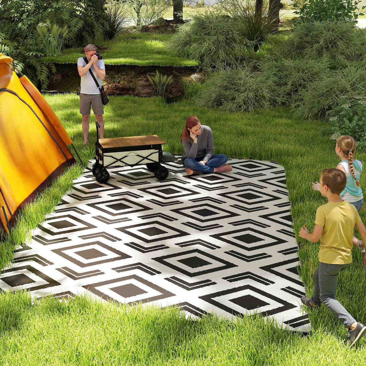 Outdoor carpet, robust weatherproof outdoor carpet with carry bag, foldable carpet, boho style, outdoor carpet for living room, balcony, garden, terrace, bathroom, hallway, kitchen, 182 x 274 cm black + white