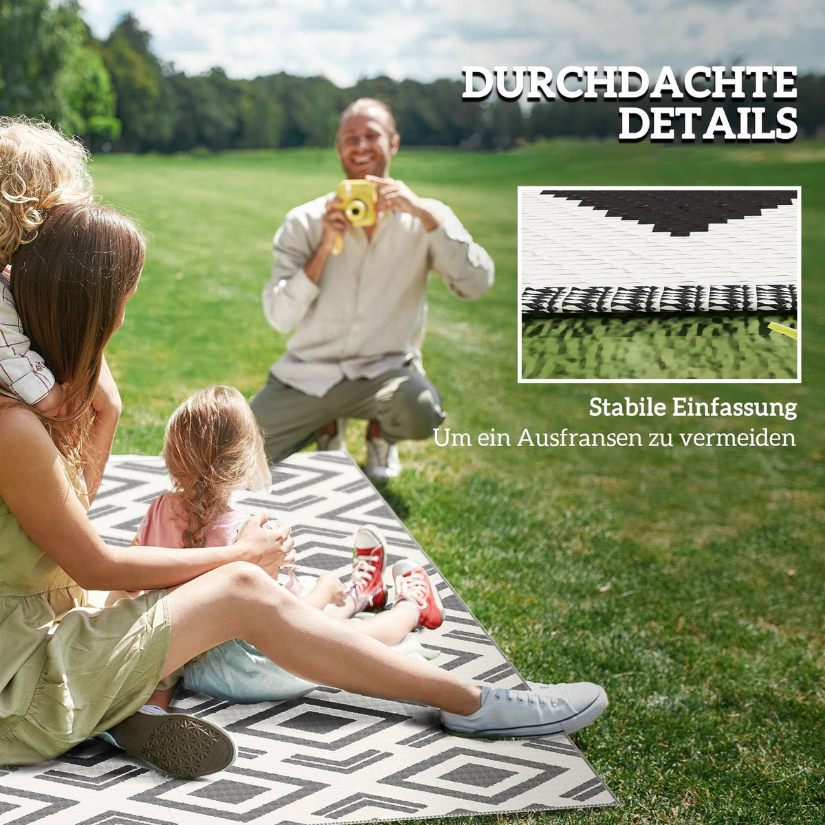 Outdoor carpet, robust weatherproof outdoor carpet with carry bag, foldable carpet, boho style, outdoor carpet for living room, balcony, garden, terrace, bathroom, hallway, kitchen, 182 x 274 cm black + white