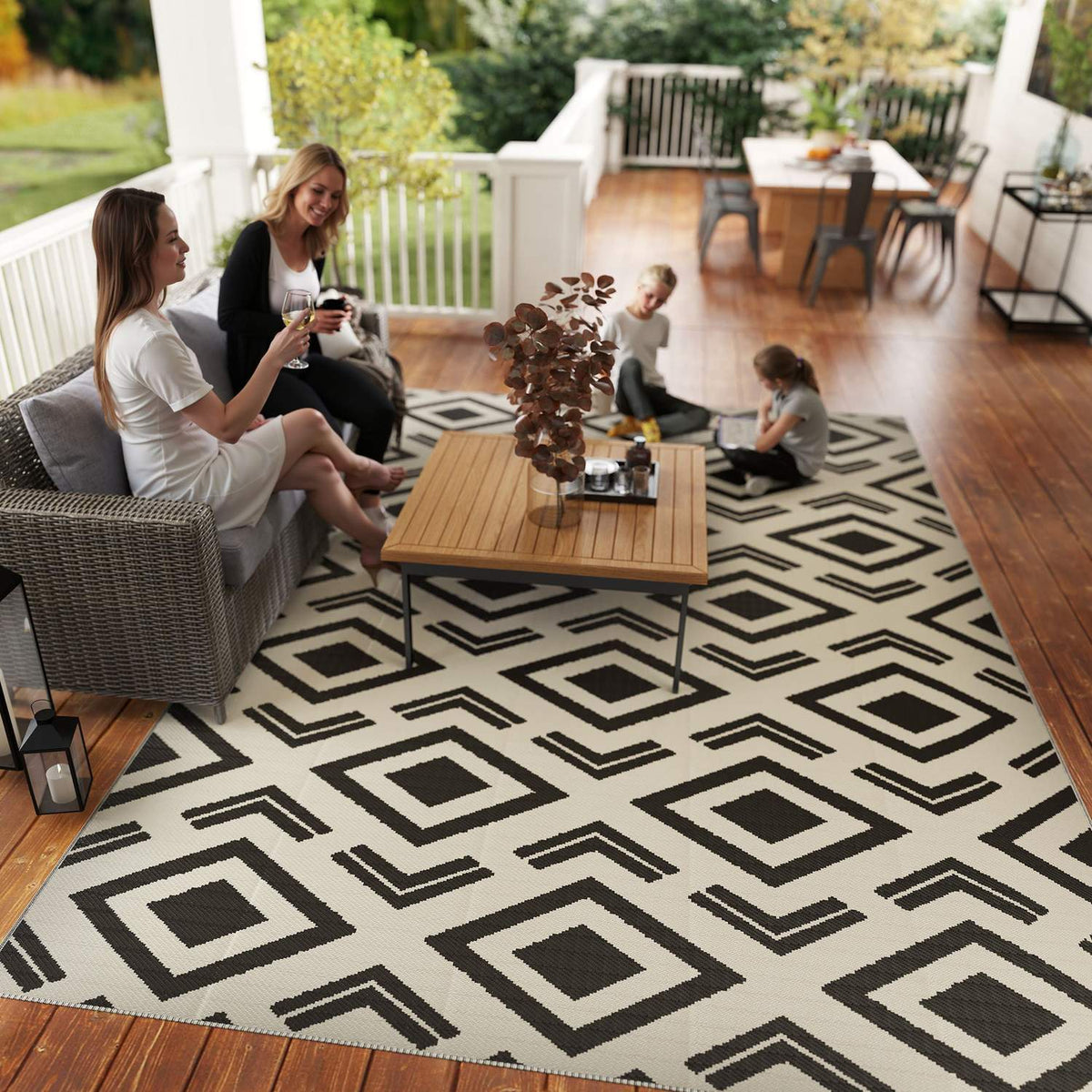 Outdoor carpet, robust weatherproof outdoor carpet with carry bag, foldable carpet, boho style, outdoor carpet for living room, balcony, garden, terrace, bathroom, hallway, kitchen, 182 x 274 cm black + white