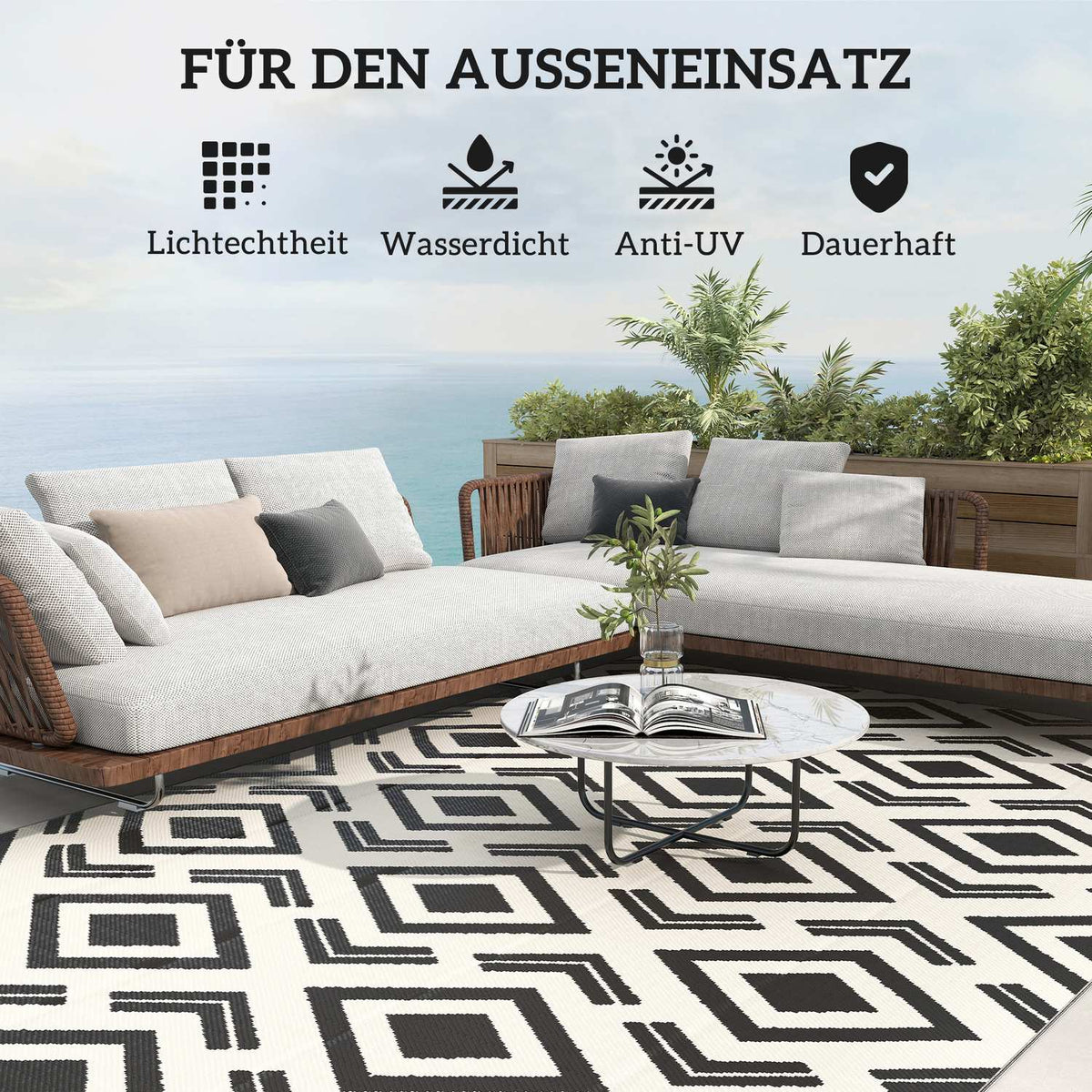 Outdoor carpet, robust weatherproof outdoor carpet with carry bag, foldable carpet, boho style, outdoor carpet for living room, balcony, garden, terrace, bathroom, hallway, kitchen, 182 x 274 cm black + white