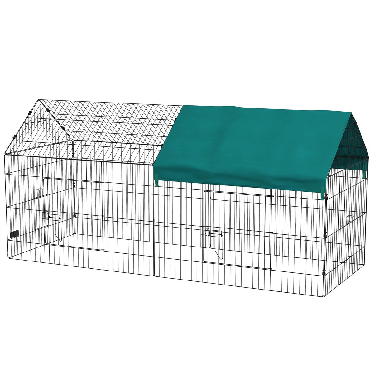 Outdoor enclosure 220 x 85 x 103 cm, small animal enclosure with cover, 4 doors, guinea pig enclosure for rabbits, steel, green