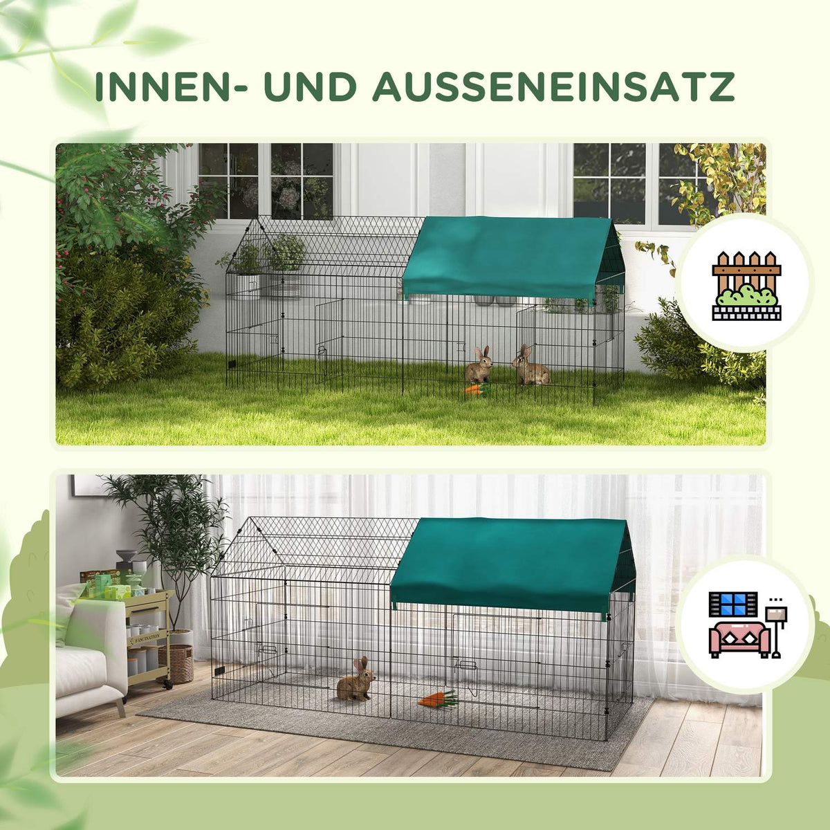 Outdoor enclosure 220 x 85 x 103 cm, small animal enclosure with cover, 4 doors, guinea pig enclosure for rabbits, steel, green