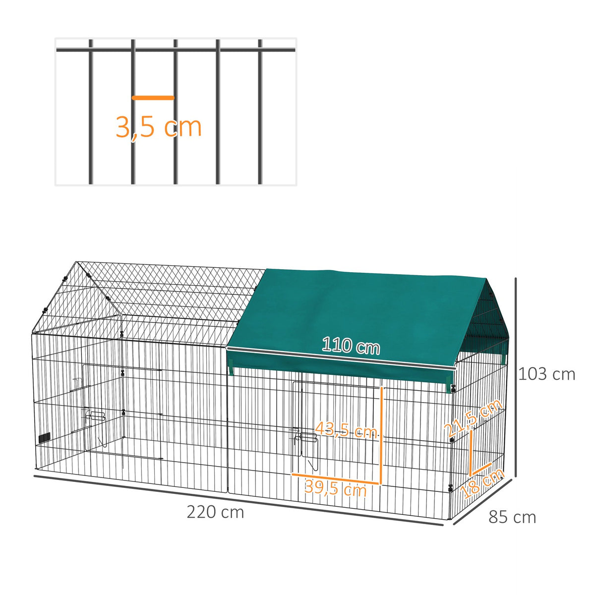Outdoor enclosure 220 x 85 x 103 cm, small animal enclosure with cover, 4 doors, guinea pig enclosure for rabbits, steel, green