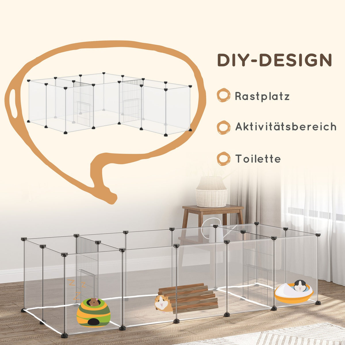 Outdoor enclosure, DIY small animal enclosure, guinea pig enclosure, expandable run for small animals, with 18 panels, steel, PP, white