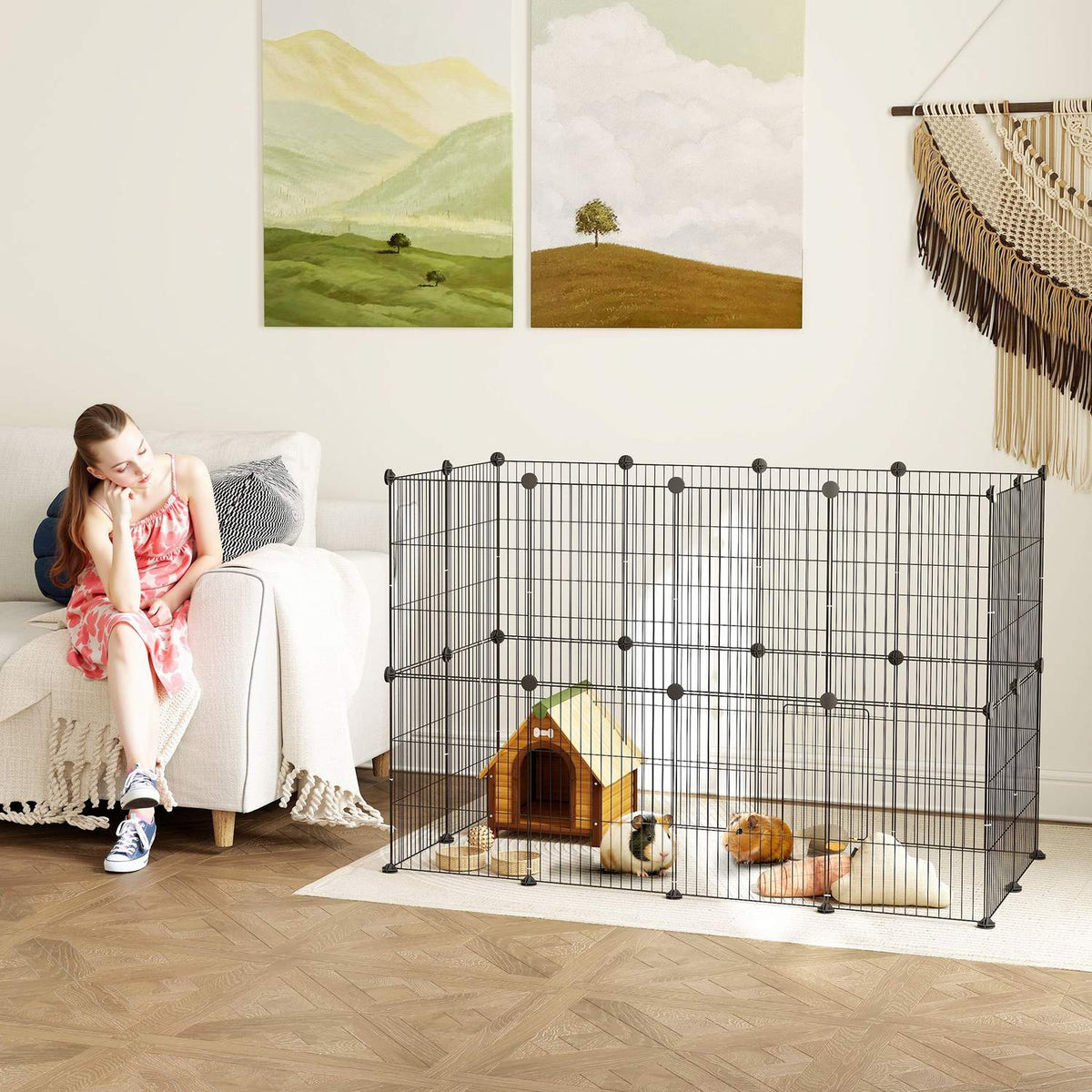 Outdoor enclosure for rabbits, small animal enclosure, guinea pig enclosure, small animal enclosure made of steel, mesh enclosure including door, indoor, 120 x 60 x 80 cm, black
