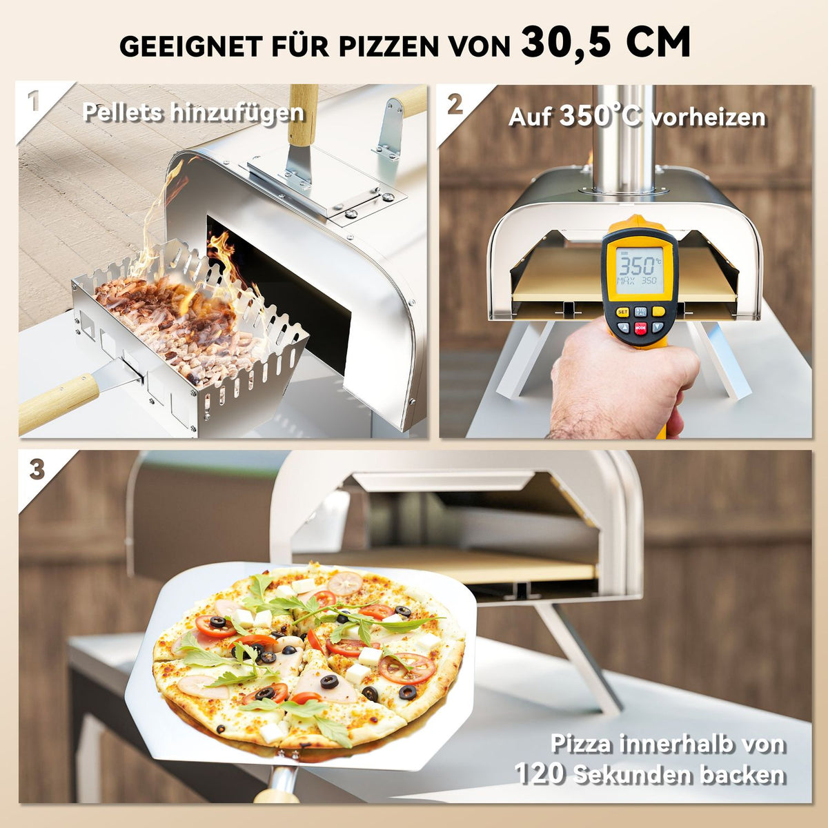 Outdoor pizza oven, wood-fired pizza oven made of stainless steel, oven with 1 cm thick pizza stone, folding leg, pizza shovel lid, portable wood oven, pizza ovens for camping, garden, party