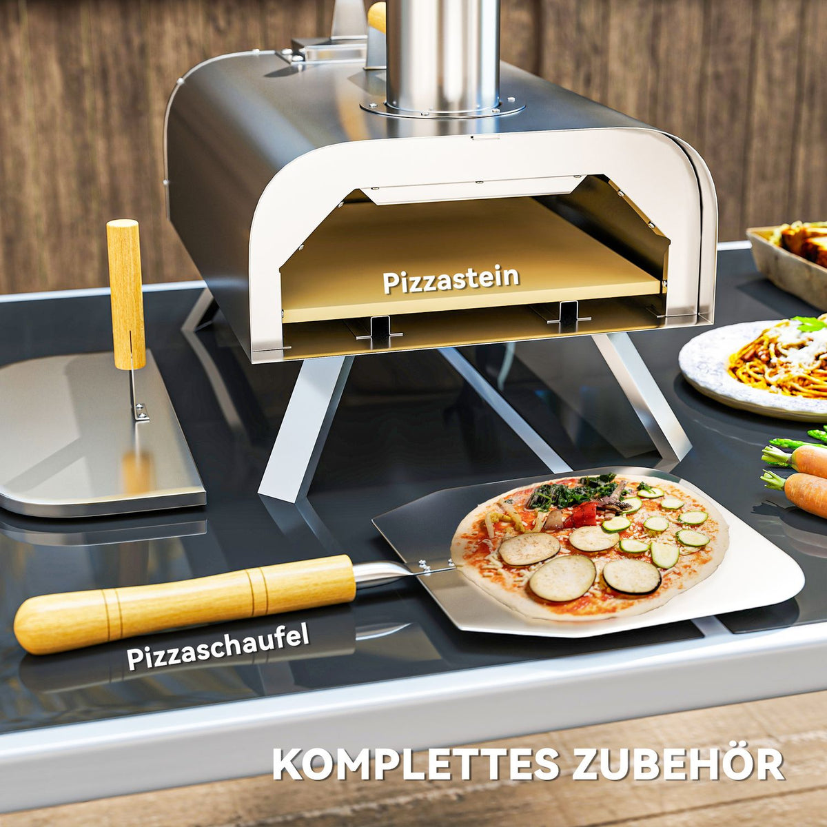 Outdoor pizza oven, wood-fired pizza oven made of stainless steel, oven with 1 cm thick pizza stone, folding leg, pizza shovel lid, portable wood oven, pizza ovens for camping, garden, party