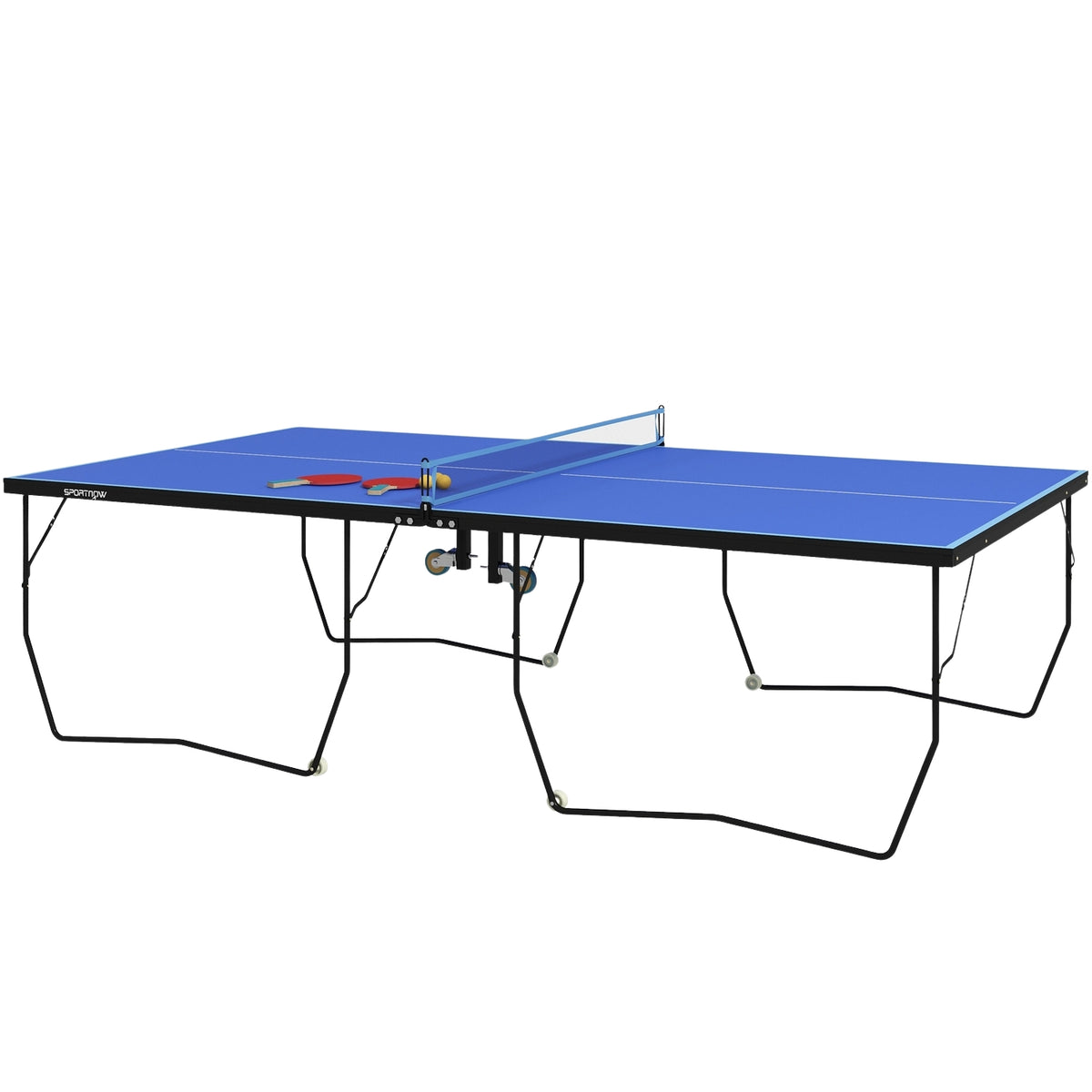 Outdoor table tennis table, foldable table tennis table with net, wheels, 2 table tennis bats, 3 balls, steel, blue, 274x152.5x76cm