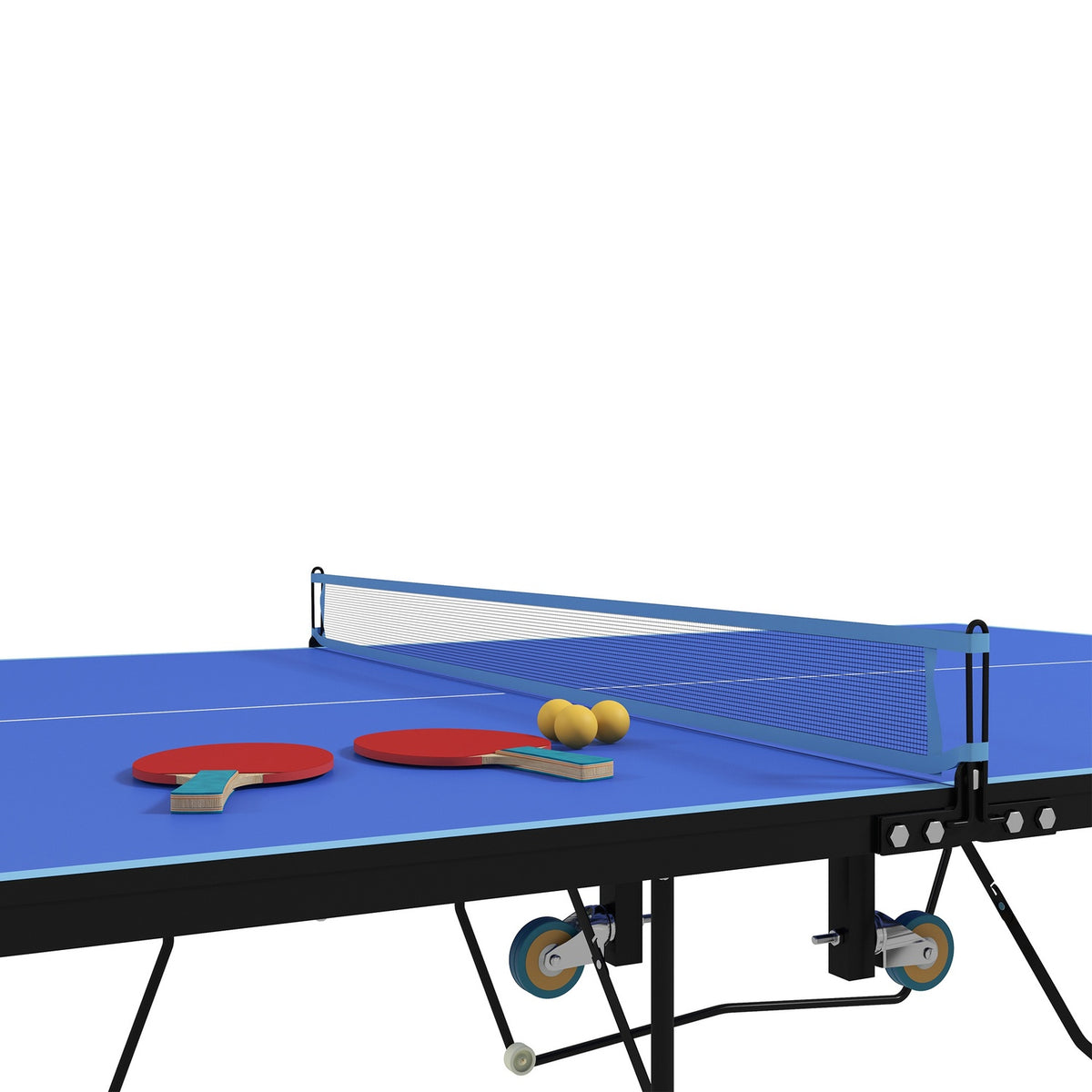 Outdoor table tennis table, foldable table tennis table with net, wheels, 2 table tennis bats, 3 balls, steel, blue, 274x152.5x76cm