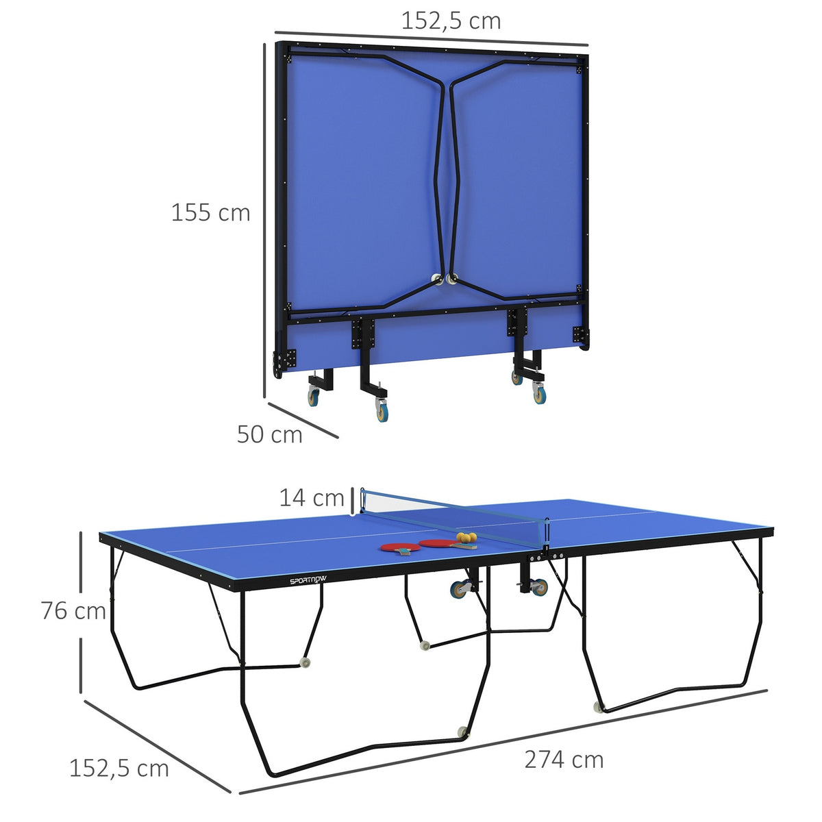 Outdoor table tennis table, foldable table tennis table with net, wheels, 2 table tennis bats, 3 balls, steel, blue, 274x152.5x76cm
