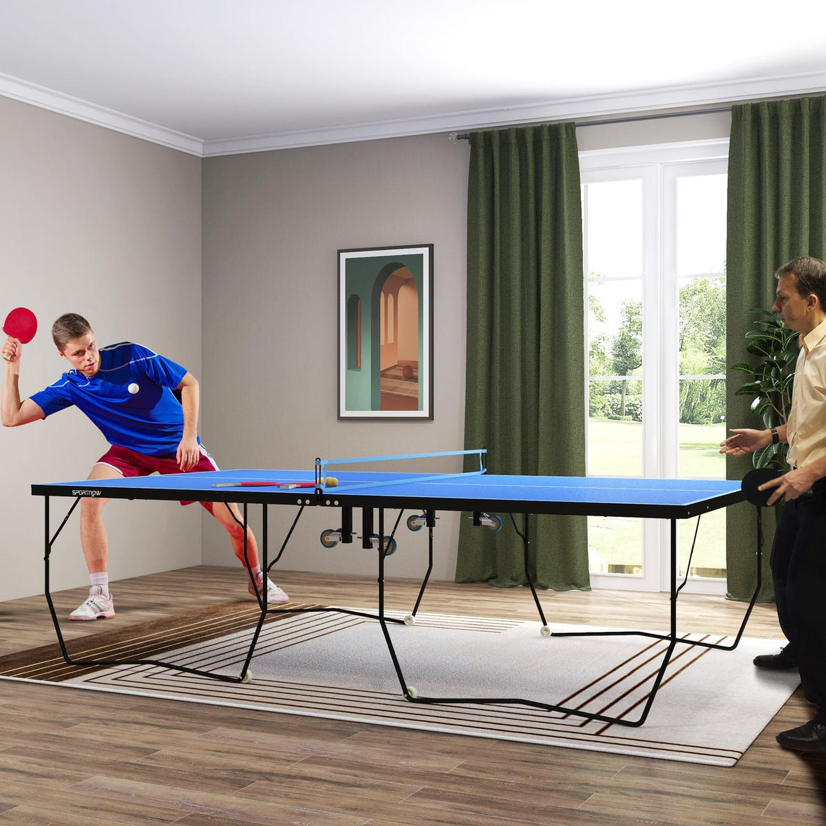 Outdoor table tennis table, foldable table tennis table with net, wheels, 2 table tennis bats, 3 balls, steel, blue, 274x152.5x76cm