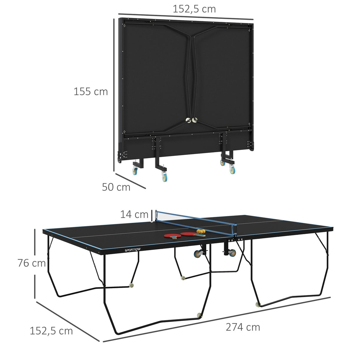 Outdoor table tennis table, foldable table tennis table with net, wheels, 2 table tennis bats and 3 balls, steel, black, 274 x 152.5 x 76 cm