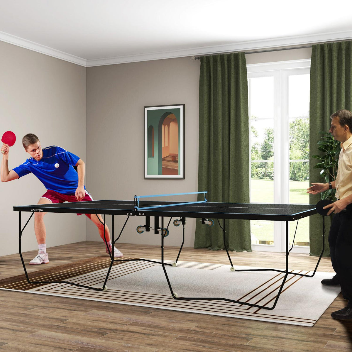 Outdoor table tennis table, foldable table tennis table with net, wheels, 2 table tennis bats and 3 balls, steel, black, 274 x 152.5 x 76 cm