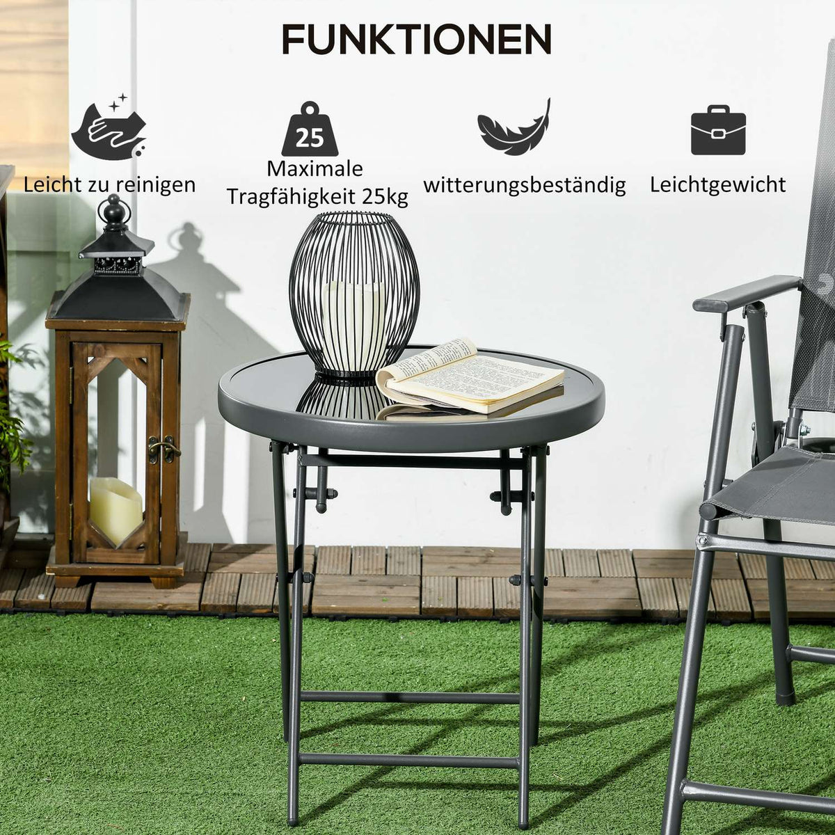 Outsnuuy folding side table, folding glass table, small camping table, round sofa table, balcony table for balcony, terrace, living room, office, 45 x 45 x 50 cm, black