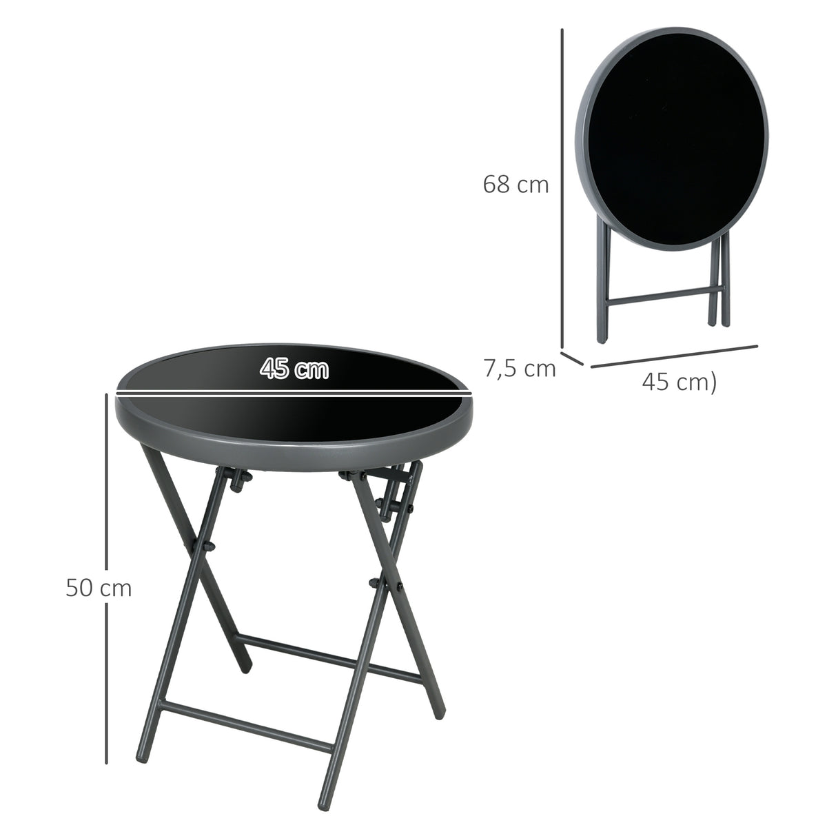Outsnuuy folding side table, folding glass table, small camping table, round sofa table, balcony table for balcony, terrace, living room, office, 45 x 45 x 50 cm, black