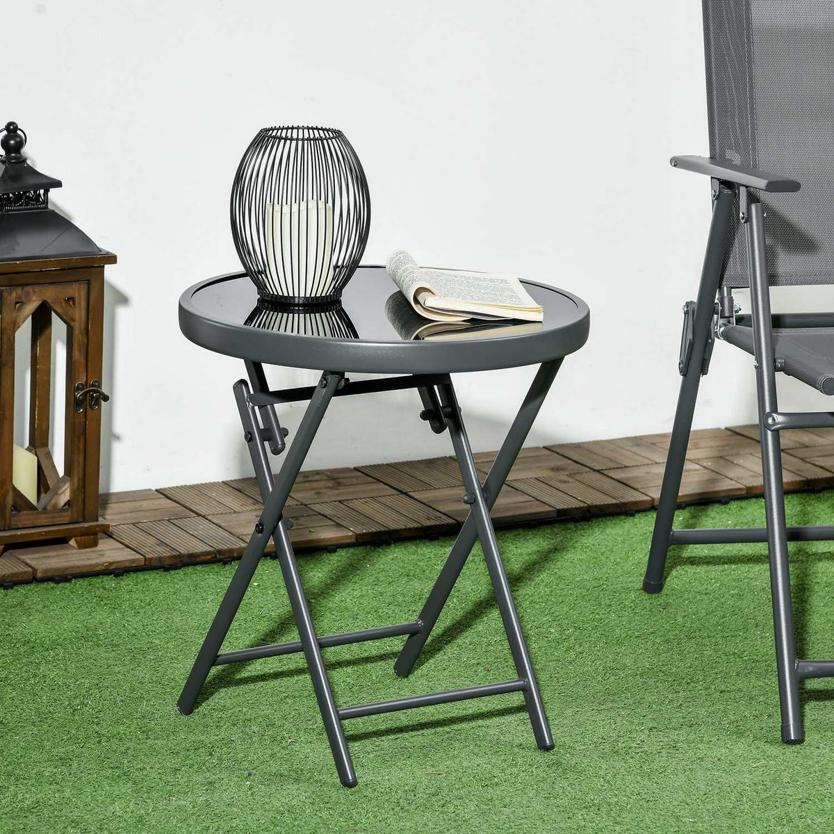 Outsnuuy folding side table, folding glass table, small camping table, round sofa table, balcony table for balcony, terrace, living room, office, 45 x 45 x 50 cm, black